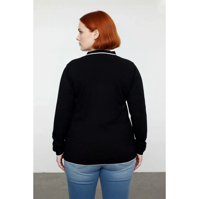 Kadın Siyah Düz Polo Yaka Triko Kazak Casual Tarz Regular Kalıp Kışlık Uzun Kollu Konforlu Seçim