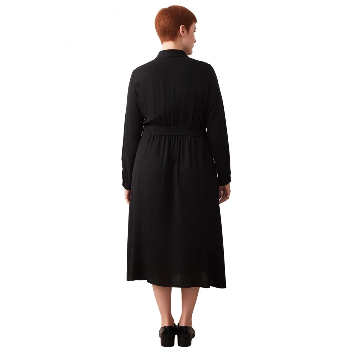 Kadın Siyah Düz Viskoz Dokuma Midi Boy Gömlek Elbise Kuşaklı Tasarımıyla Çok Yönlü Şıklık Kaliteli