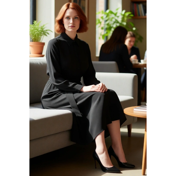 Kadın Siyah Düz Viskoz Dokuma Midi Boy Gömlek Elbise Kuşaklı Tasarımıyla Çok Yönlü Şıklık Kaliteli