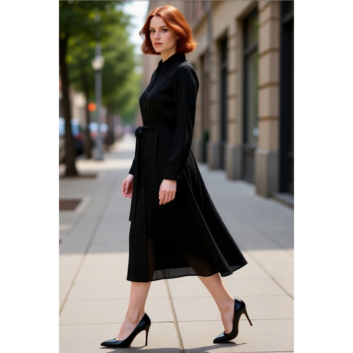 Kadın Siyah Düz Viskoz Dokuma Midi Boy Gömlek Elbise Kuşaklı Tasarımıyla Çok Yönlü Şıklık Kaliteli