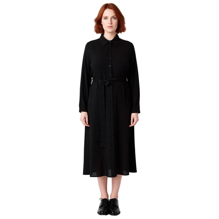 Kadın Siyah Düz Viskoz Dokuma Midi Boy Gömlek Elbise Kuşaklı Tasarımıyla Çok Yönlü Şıklık Kaliteli