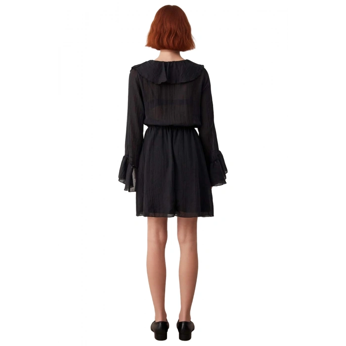 Kadın Siyah Fırfırlı V Yaka Dokuma Elbise Skater Kalıp Uzun Kollu Astarlı Mini Boy Şık Tasarım