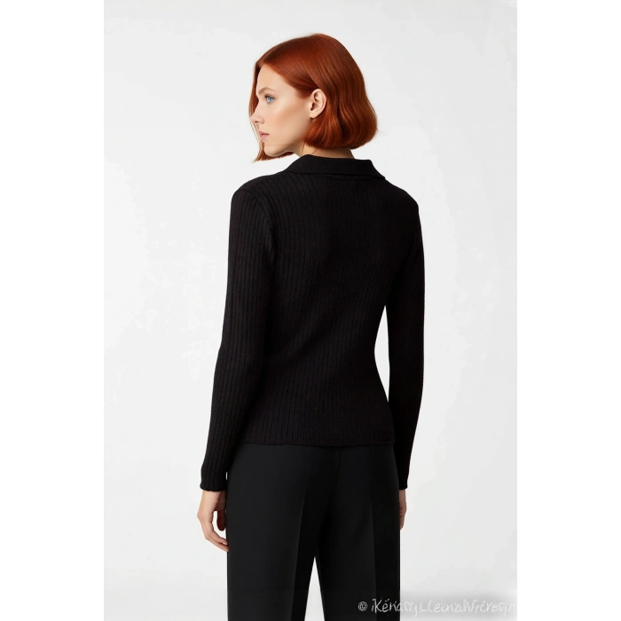 Kadın Siyah Fitted Kalıp Polo Yaka Bağlamalı Fitilli Triko Kazak Modern Şıklığı Tarzınıza Katın