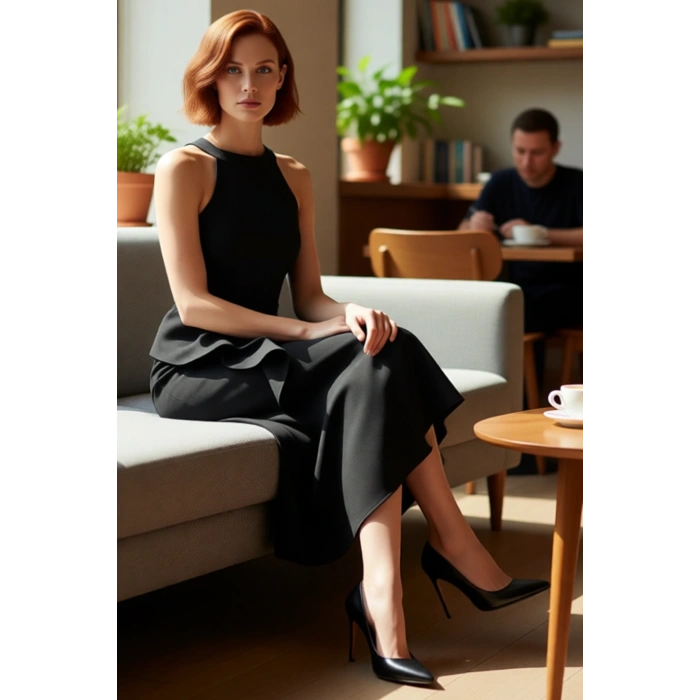 Kadın Siyah Halter Yaka Volanlı Midi Abiye Elbise Vücudu Saran Balık Kesim Şıklığı Yansıtır