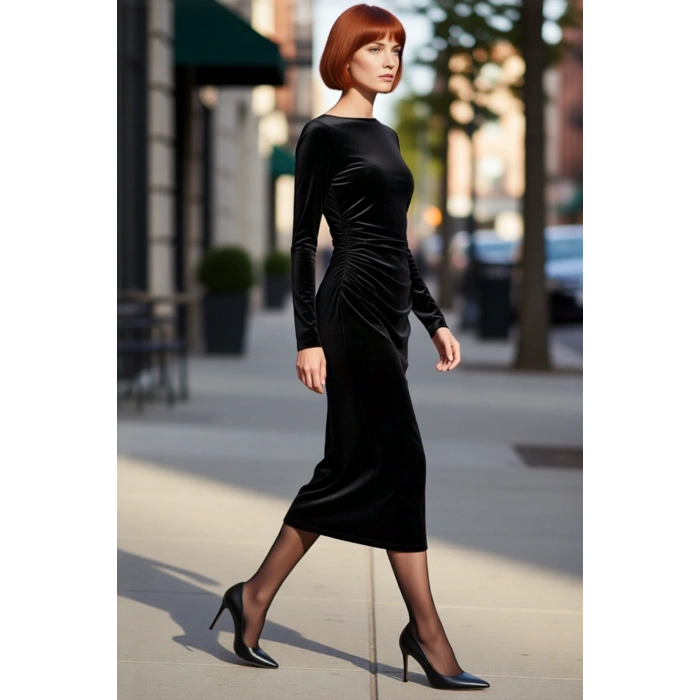 Kadın Siyah Kadife Bodycon Büzgülü Kayık Yaka Uzun Kollu Midi Elbise Şık Kışlık Davet İçin Harika