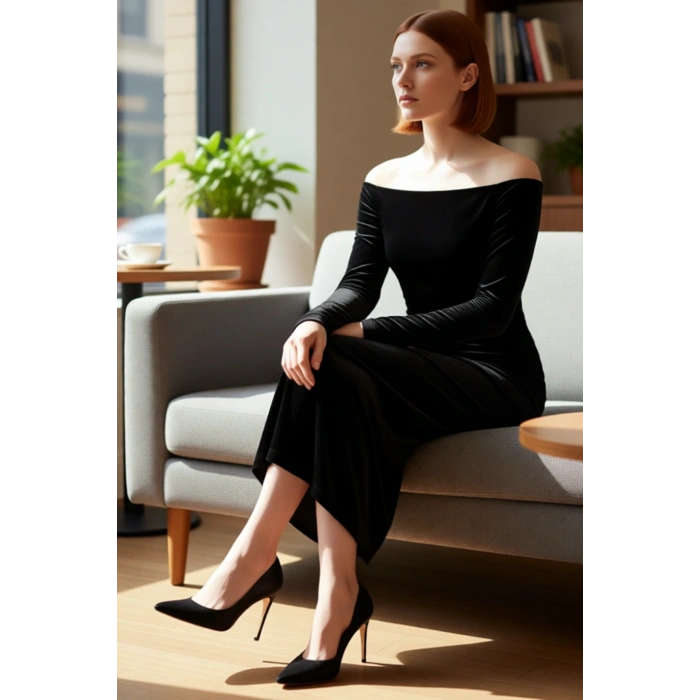 Kadın Siyah Kadife Bodycon Carmen Yaka Uzun Kollu Şık Gece Midi Abiye Elbisesi Özel Davetler İçin