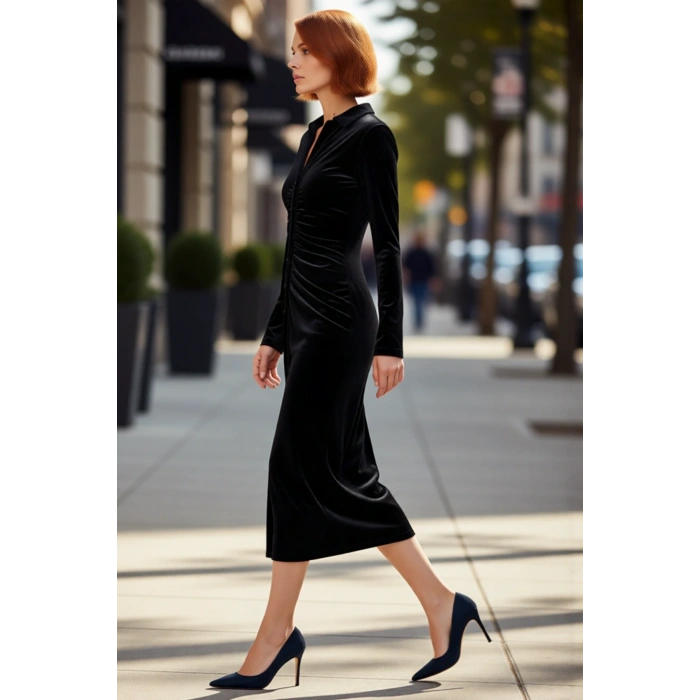 Kadın Siyah Kadife Bodycon Midi Elbise Polo Yaka Uzun Kollu Büzgülü Modern Kış Şıklığı Kaliteli