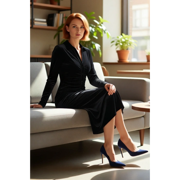 Kadın Siyah Kadife Bodycon Midi Elbise Polo Yaka Uzun Kollu Büzgülü Modern Kış Şıklığı Kaliteli