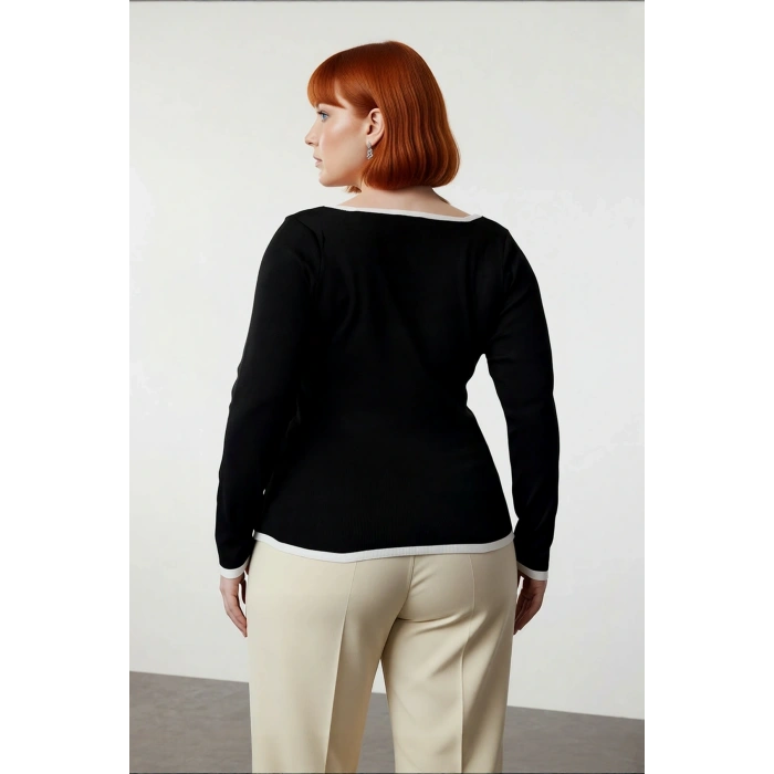 Kadın Siyah Kare Yaka Bodycone Fitted İnce Triko Kazak Standart Kol Günlük Şıklık İçin İdeal