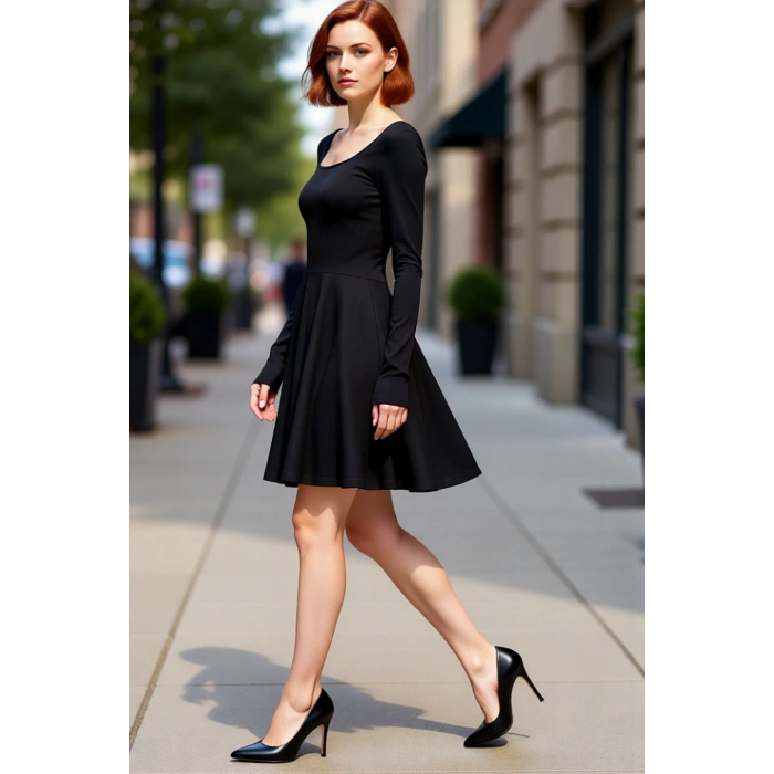 Kadın Siyah Kare Yaka Uzun Kollu Skater Mini Elbise Düz Desen Kış Koleksiyonu Şık Gündüz Gece