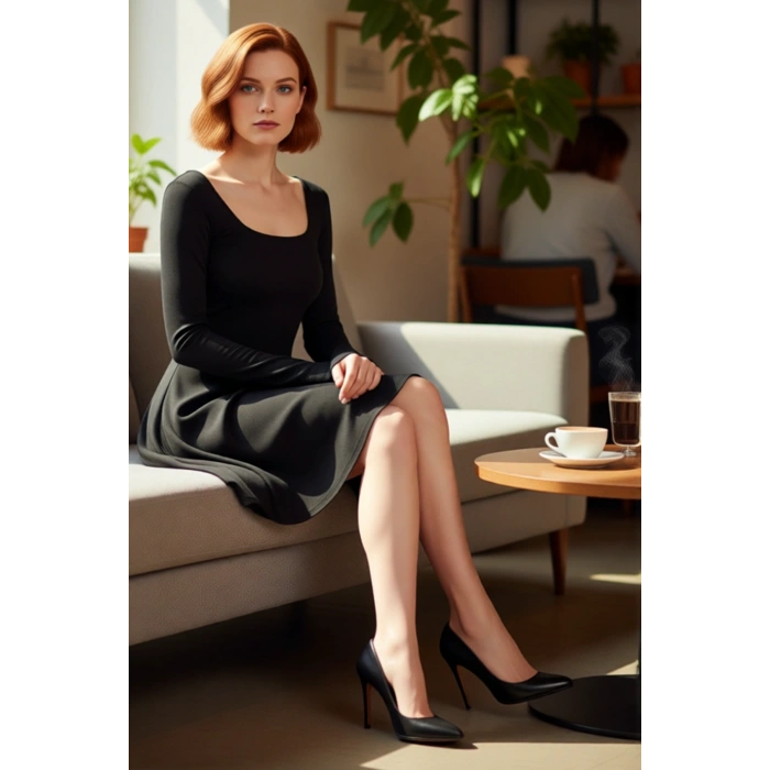 Kadın Siyah Kare Yaka Uzun Kollu Skater Mini Elbise Düz Desen Kış Koleksiyonu Şık Gündüz Gece