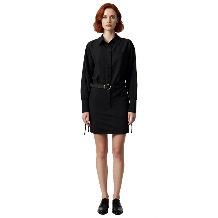 Kadın Siyah Kemerli Mini Gömlek Elbise Polyester Karışımlı Uzun Yarasa Kol Kış Gündüz Gece