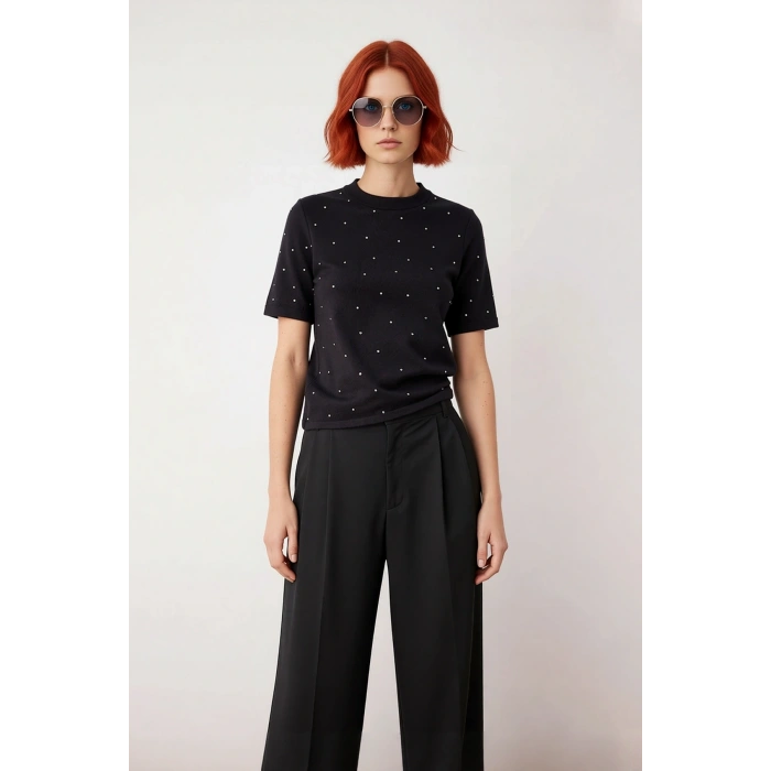 Kadın Siyah Kısa Kollu Taş İşlemeli Bisiklet Yaka Regular Kalıp Triko Kazak İlkbahar Sonbahar