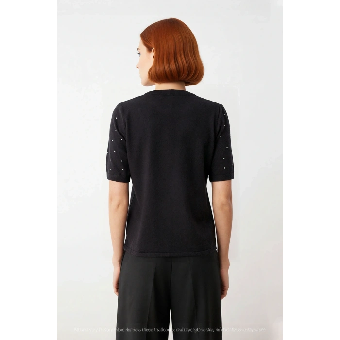 Kadın Siyah Kısa Kollu Taş İşlemeli Bisiklet Yaka Regular Kalıp Triko Kazak İlkbahar Sonbahar