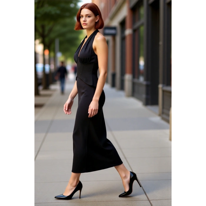 Kadın Siyah Kolsuz Maxi Abiye Elbise Boyundan Bağlama Detayıyla Şık Ve Modern Görünüm Sunar
