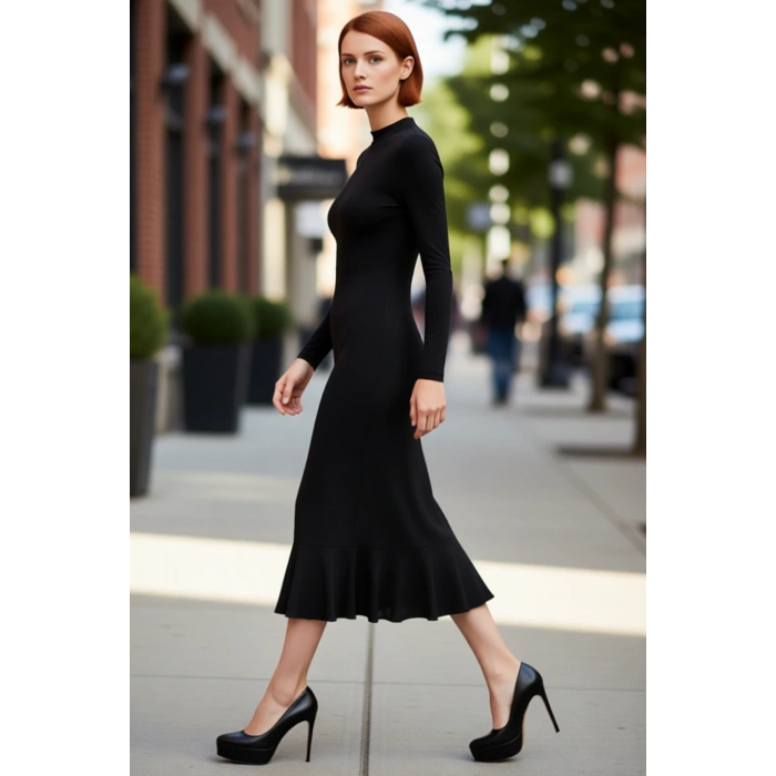 Kadın Siyah Maxi Dik Yaka Uzun Kollu A Line Fırfırlı Etekli Sırt Dekolteli Örme Elbise Kaliteli