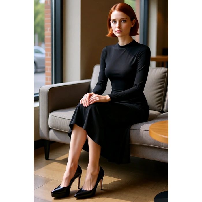 Kadın Siyah Maxi Dik Yaka Uzun Kollu A Line Fırfırlı Etekli Sırt Dekolteli Örme Elbise Kaliteli