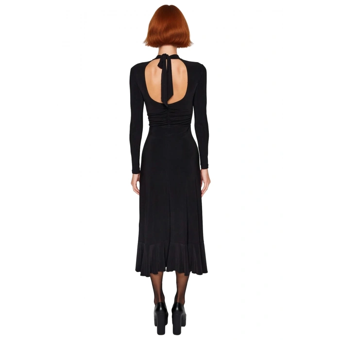 Kadın Siyah Maxi Dik Yaka Uzun Kollu A Line Fırfırlı Etekli Sırt Dekolteli Örme Elbise Kaliteli