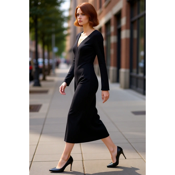 Kadın Siyah Maxi Kruvaze Yaka İnce Triko Elbise Günlük Kullanım İçin Shift Kalıp Standart Kol