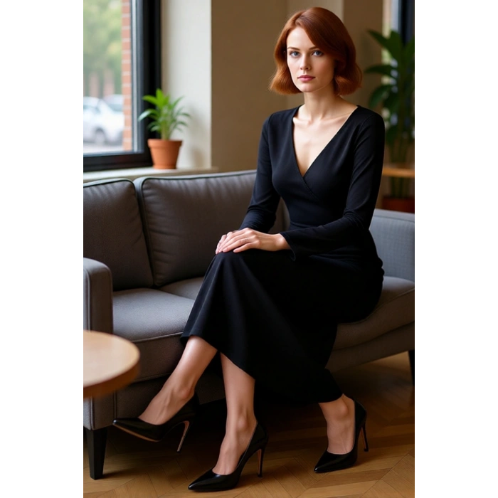 Kadın Siyah Maxi Kruvaze Yaka İnce Triko Elbise Günlük Kullanım İçin Shift Kalıp Standart Kol