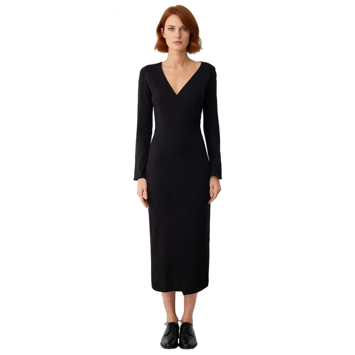 Kadın Siyah Maxi Kruvaze Yaka İnce Triko Elbise Günlük Kullanım İçin Shift Kalıp Standart Kol