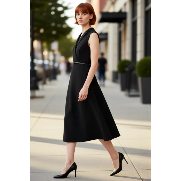 Kadın Siyah Midi Skater Elbise Kemerli Ceket Yaka Tasarımıyla İş Ortamına Uygun Şık Ve Modern Bir