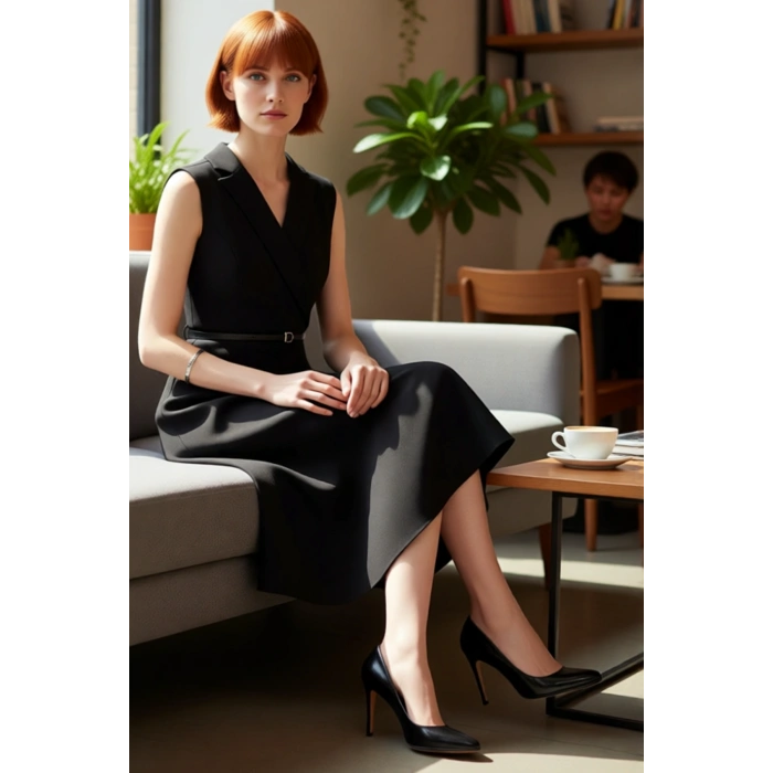 Kadın Siyah Midi Skater Elbise Kemerli Ceket Yaka Tasarımıyla İş Ortamına Uygun Şık Ve Modern Bir