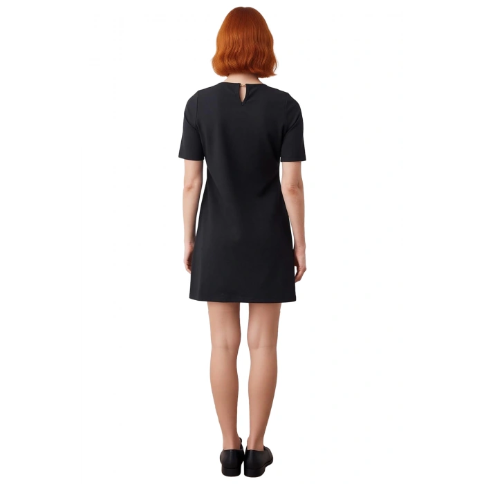 Kadın Siyah Mini Elbise Düğme Detaylı Truvakar Kol Dik Yaka Örme Kışlık Casual Konforlu Kullanım