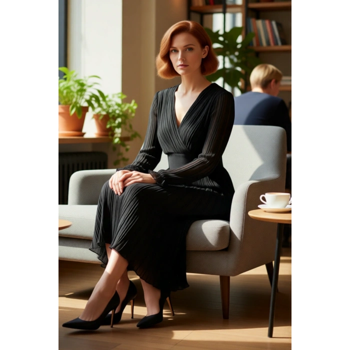 Kadın Siyah Piliseli Şifon Elbise Midi Boy Kruvaze Yaka Kuşaklı Astarlı Uzun Standart Kol Kaliteli