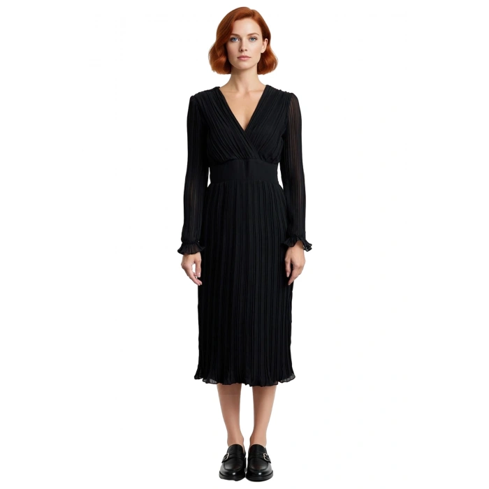 Kadın Siyah Piliseli Şifon Elbise Midi Boy Kruvaze Yaka Kuşaklı Astarlı Uzun Standart Kol Kaliteli