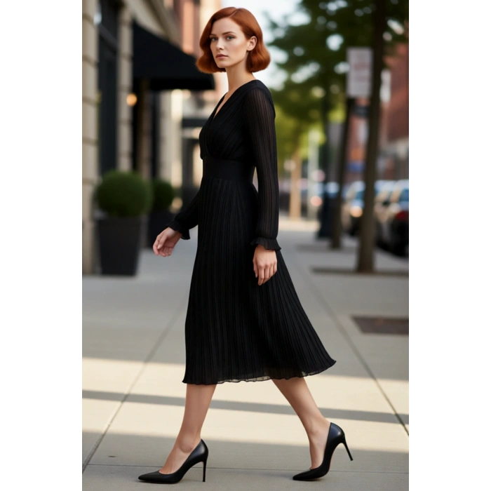 Kadın Siyah Piliseli Şifon Elbise Midi Boy Kruvaze Yaka Kuşaklı Astarlı Uzun Standart Kol Kaliteli