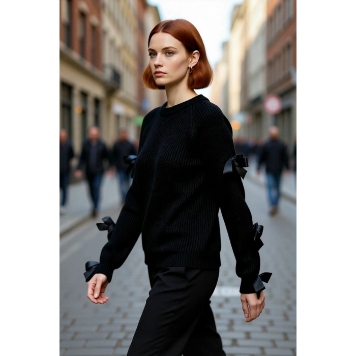 Kadın Siyah Regular Kalıp Omuz Açık Fiyonk Detaylı Triko Kazak Günlük Kombinler İçin Şık Ve Rahat