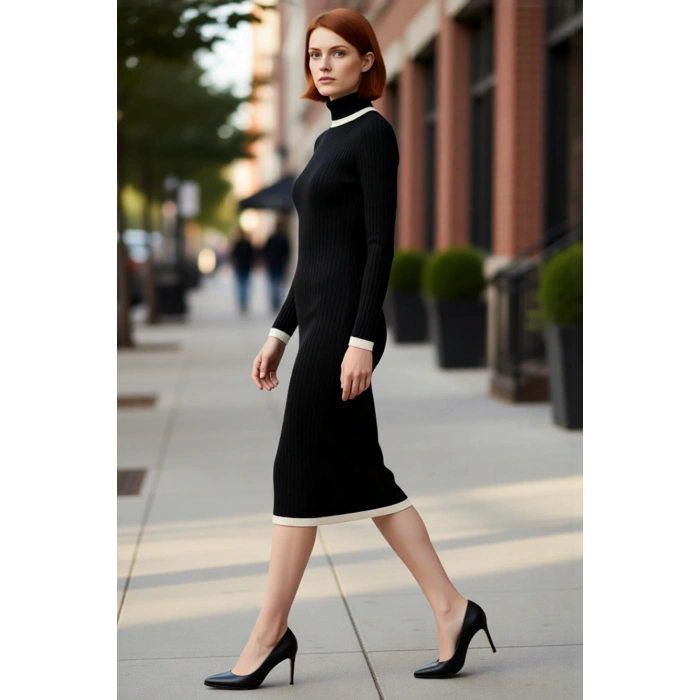 Kadın Siyah Renk Bloklu Balıkçı Yaka Midi Triko Elbise Şık Ve Konforlu Kışlık Günlük Giyim