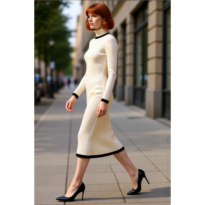 Kadın Siyah Renk Bloklu Balıkçı Yaka Midi Triko Elbise Şık Ve Konforlu Kışlık Günlük Giyim