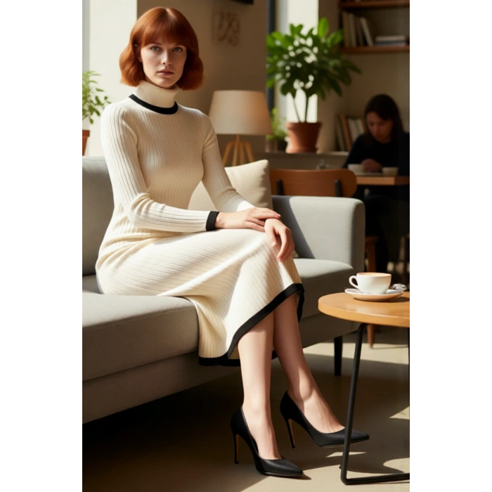 Kadın Siyah Renk Bloklu Balıkçı Yaka Midi Triko Elbise Şık Ve Konforlu Kışlık Günlük Giyim