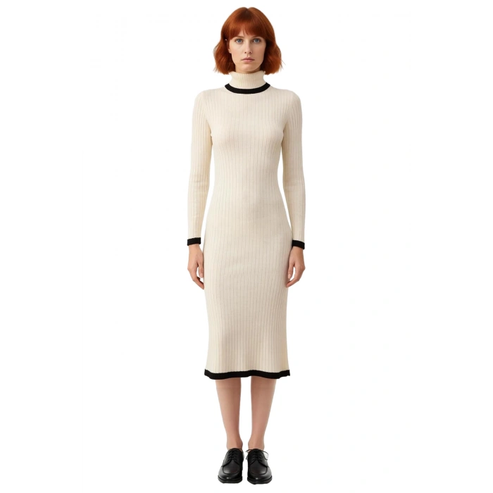 Kadın Siyah Renk Bloklu Balıkçı Yaka Midi Triko Elbise Şık Ve Konforlu Kışlık Günlük Giyim