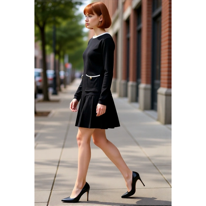 Kadın Siyah Renk Bloklu Bisiklet Yaka Uzun Kollu Skater Kalıp Süper Mini Triko Elbise Kaliteli