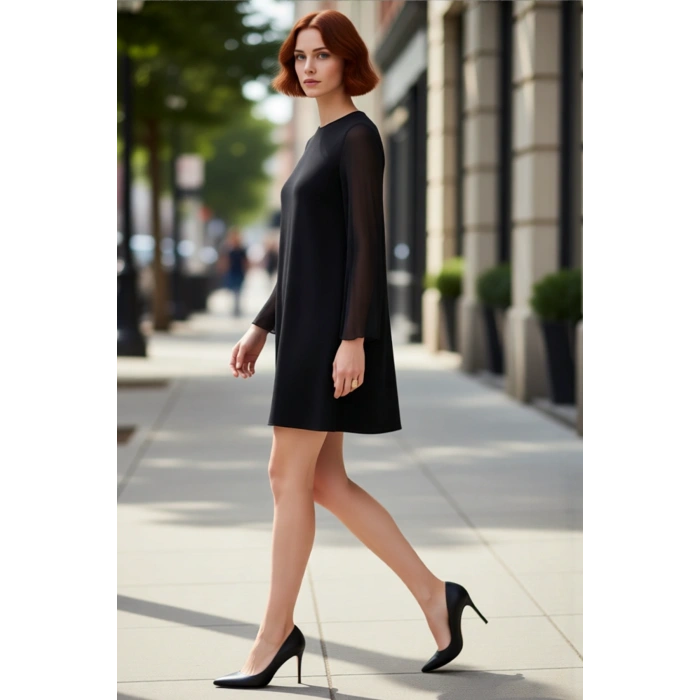Kadın Siyah Shift Kalıp Dokuma Detaylı Bisiklet Yaka Scuba Krep Mini Örme Elbise Kışa Uygun