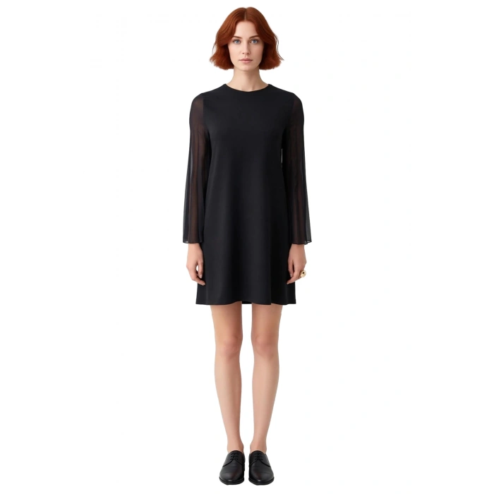 Kadın Siyah Shift Kalıp Dokuma Detaylı Bisiklet Yaka Scuba Krep Mini Örme Elbise Kışa Uygun