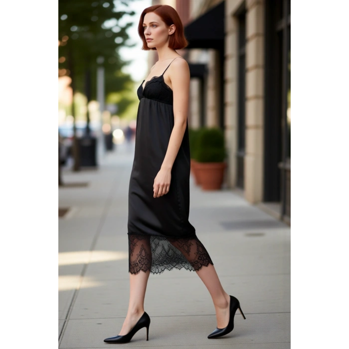 Kadın Siyah Şık Saten Midi Askılı Elbise Dantel Detaylarıyla Gecelerin Parlayan Yıldızı Olun