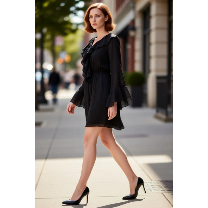 Kadın Siyah Skater Elbise V Yaka Fırfır Detaylı Uzun Kollu Dokuma Kumaş Astarlı Mini Boy Kaliteli