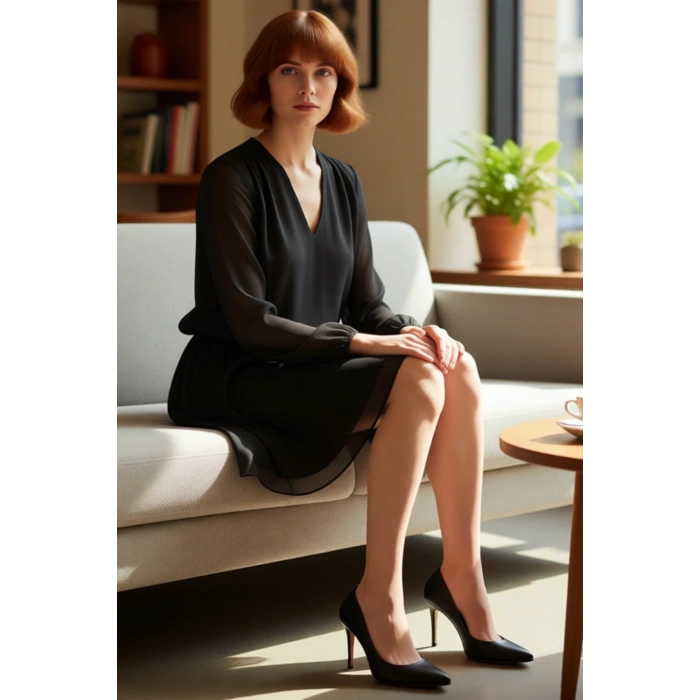 Kadın Siyah Skater Kesim V Yaka Uzun Balon Kol Şifon Mini Elbise Gündüzden Geceye Zarafet Kaliteli