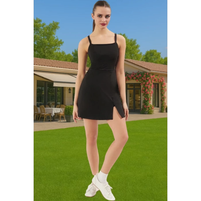 Kadın Siyah Spor Elbise İnce Askılı Mini Örme Kumaş Premium Kalite Şık Görünüm Şık Görünüm