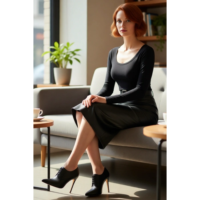 Kadın Siyah Suni Deri Bodycon Midi Elbise Kemerli Uzun Kollu Bisiklet Yaka Şık Tasarım Kaliteli