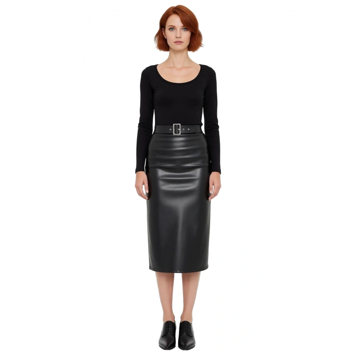 Kadın Siyah Suni Deri Bodycon Midi Elbise Kemerli Uzun Kollu Bisiklet Yaka Şık Tasarım Kaliteli