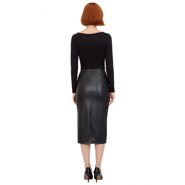 Kadın Siyah Suni Deri Bodycon Midi Elbise Kemerli Uzun Kollu Bisiklet Yaka Şık Tasarım Kaliteli