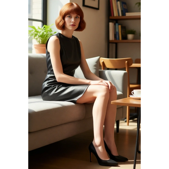 Kadın Siyah Suni Deri Kruvaze Mini Elbise Şık Bisiklet Yaka Kolsuz A Line Kesim Gece Gündüz Uyumlu