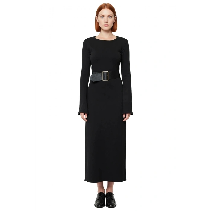 Kadın Siyah Triko Maxi Elbise Havuz Yaka A Kesim Kemerli Uzun Kollu Kış Günlük Şıklığı Kaliteli