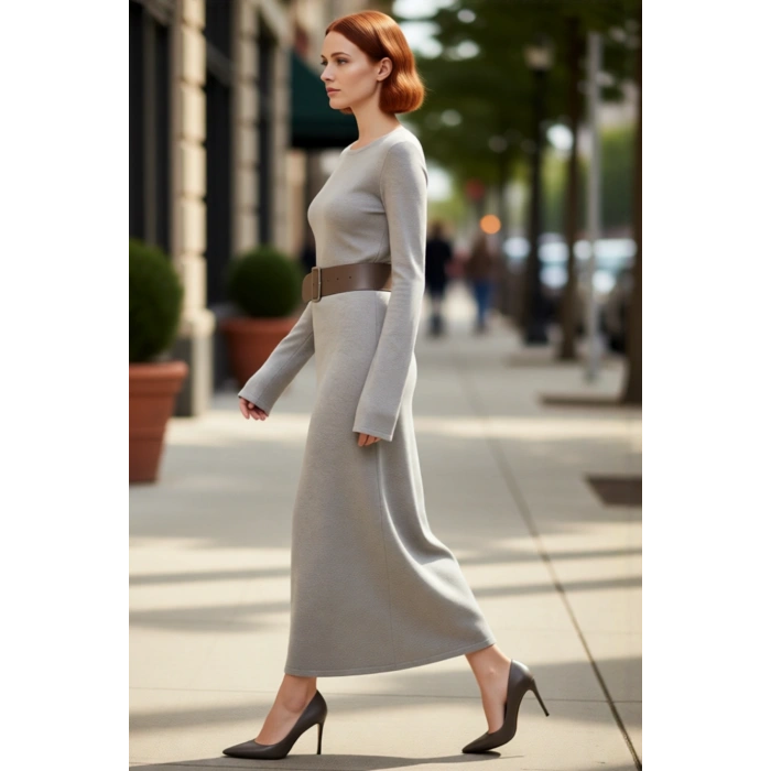 Kadın Siyah Triko Maxi Elbise Havuz Yaka A Kesim Kemerli Uzun Kollu Kış Günlük Şıklığı Kaliteli