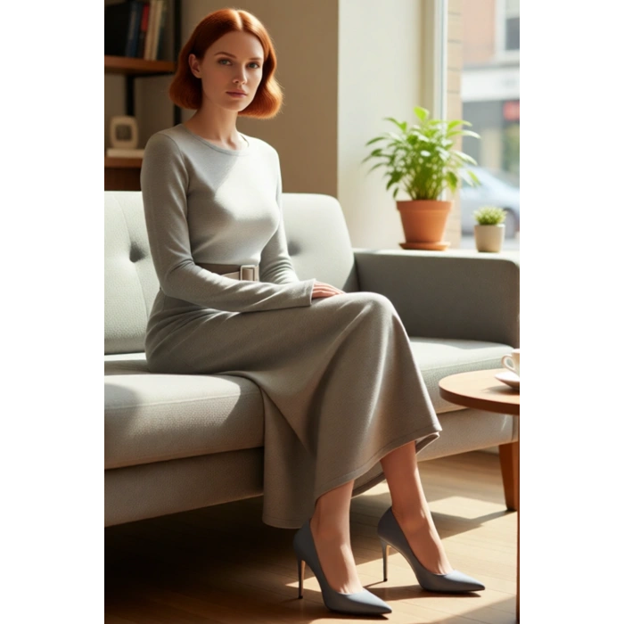 Kadın Siyah Triko Maxi Elbise Havuz Yaka A Kesim Kemerli Uzun Kollu Kış Günlük Şıklığı Kaliteli